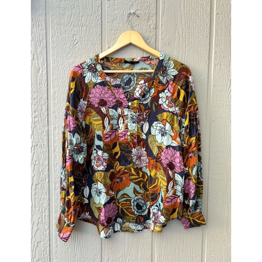 Jane and Delancey Artistic Pink and Blue Long Sleeve Blouse